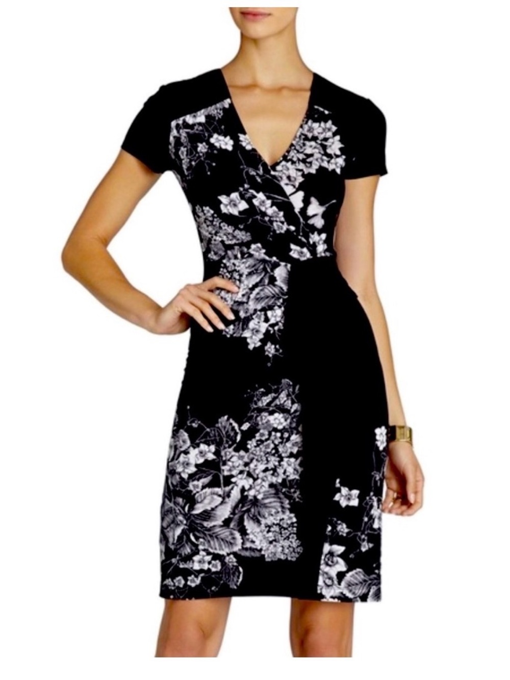 BCBGMaxAzria Black and White Floral Wrap-Effect Mini Dress